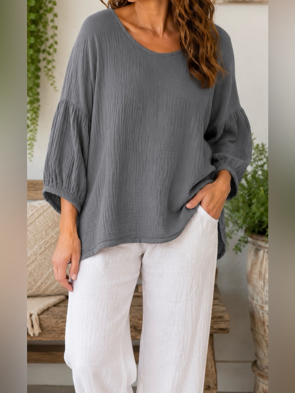 Bryn Walker Charcoal Gray Gauze 3/4 Balloon Sleeve Blouse - Size S